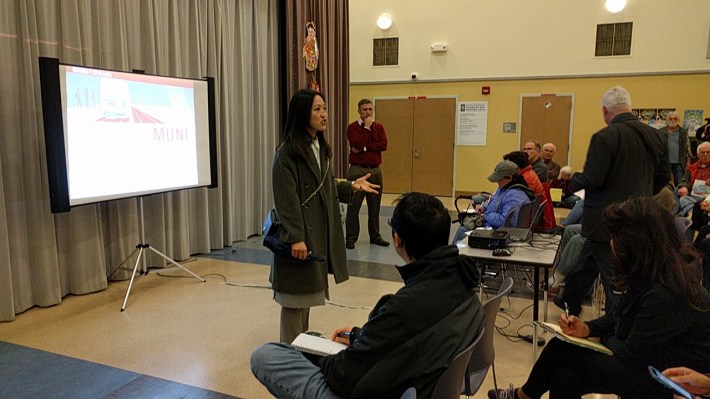 Supervisor Tang greeted the Crowd. Sean Kennedy, Muni Forward Program Manager, standing to her right, gave the main presentation.