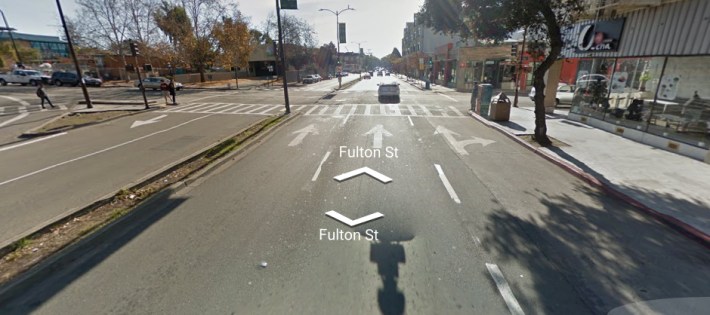 Fulton Street in Berkeley near where Schwarzman was severely injured while cycling. Image from Google Street View.
