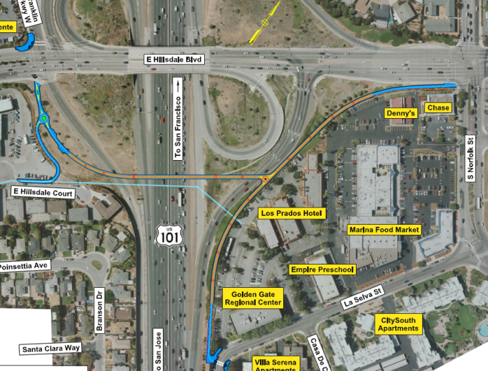 A proposed pedestrian bridge over Highway 101 at Hillsdale Boulevard in San Mateo wasn't awarded any funds from SMCTA's Pedestrian and Bicycle Program. Image: City of San Mateo
