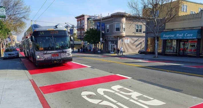 Right lane transitways on Mission leave no place for cyclists. Image: SFMTA