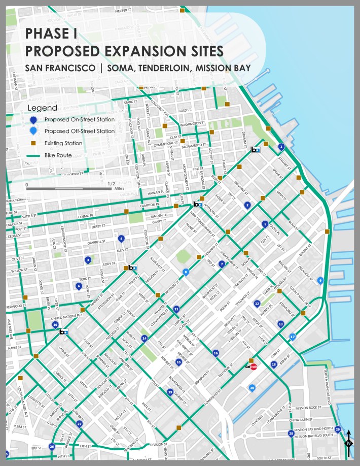 Bay Area Bike Share has mapped proposed bike share locations South of Market and elsewhere. Image: Bay Area Bike Share.