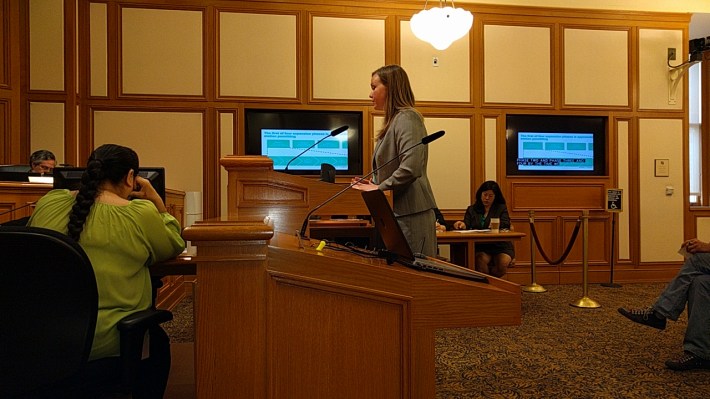 Emily Stapleton, general manager at Bay Area Bike Share, updates the Supervisors on the Committee. Photo: Streetsblog.