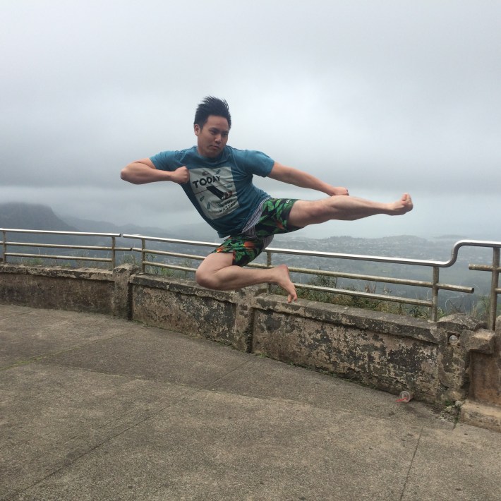 Solis demonstrating a flying side kick while traveling in Hawaii. Photo: Albert Li