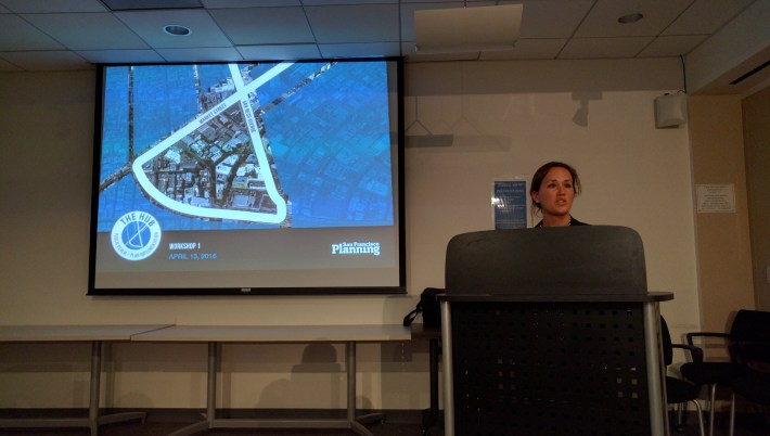 Lily Langlois, SF Planner, brings a packed audience through the city plans. Photo: Streetsblog