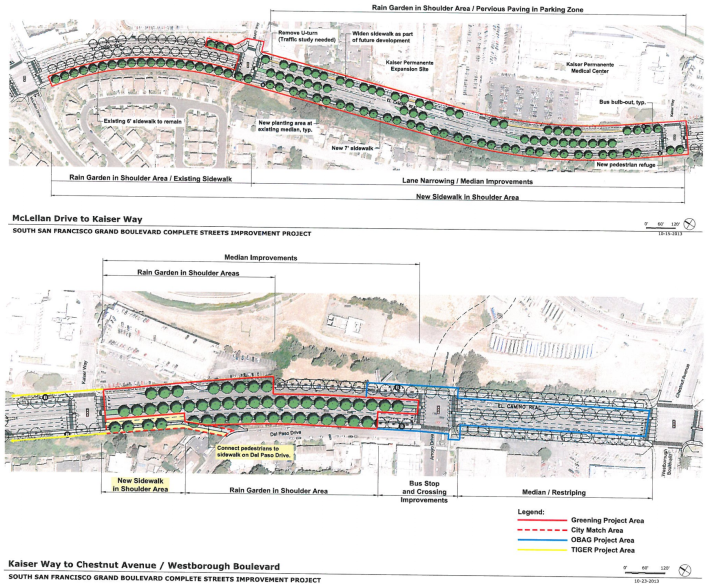 South San Francisco hopes to reconstruct a X-mile segment of El Camino Real with pedestrian safety improvements including wider sidewalks, curb extensions, and pedestrian refuges in widened medians by early 2018. Image: City of South San Francisco.