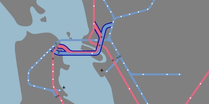 One of several alignments SPUR looked at for a second Transbay tube. Image: SPUR