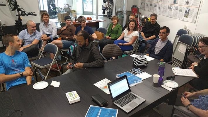 SFBC members (plus Margaret McCarthy. Interim Executive Director (in the blue top). discussed their experiences taking bikes onto BART. Photo: Streetsblog.