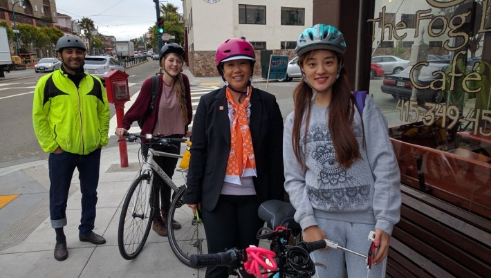 Mak Gill, Julia Schaber, Janelle Wong, and Isabel Huo gathered in front of the Fog Lifter, one of 11 start locations for commuter convoys on Bike to Work Day. Photo: Streetsblog.