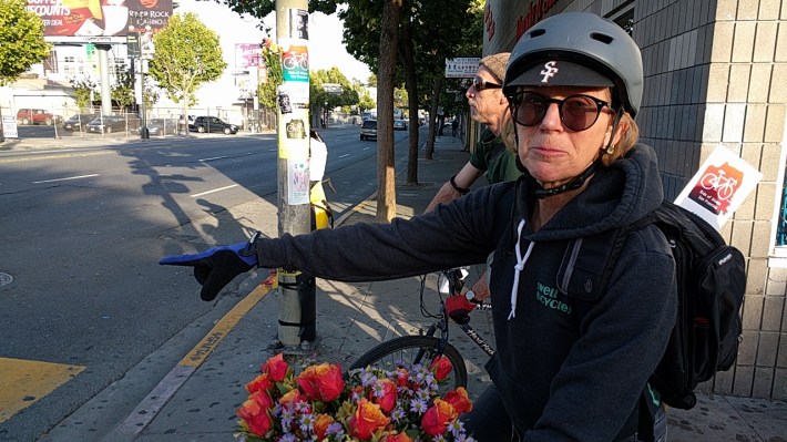 Devon Warner, who organized the ride, at the location where Amelie Moullac was killed in 2013. Photo: Streetsblog.