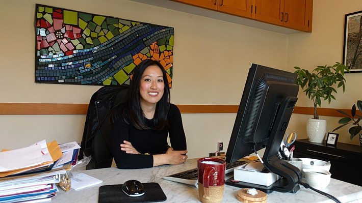 Supervisor Katy Tang, at her desk at City Hall. Photo: Streetsblog.