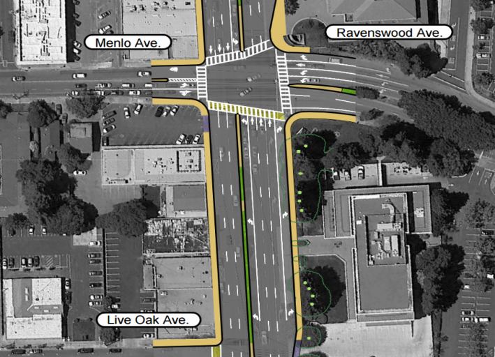 This proposed expansion of El Camino Real to six lanes at Ravenswood Avenue was cancelled in early May, freeing up $1 million for other transportation projects in Menlo Park. Image: City of Menlo Park