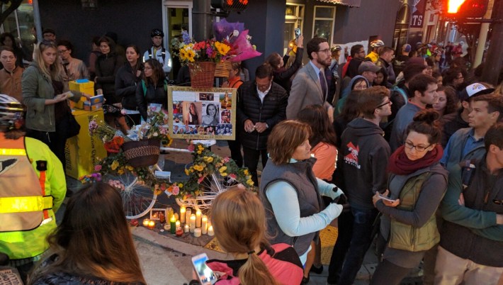 People cried and remembered Kate Slattery at her Ghost Bike and Shrine at 7th and Howard. Photo: Streetsblog.