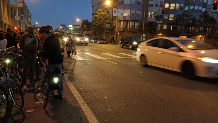 Despite the vigil, cars continued to speed unabated up 7th. One was clocked at 65 mph by radar. Photo: Streetsblog.