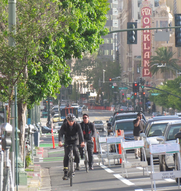 Even bike lanes, such as this recently installed one on Telegraph in Oakland, would have triggered a study and/or a lawsuit under the old metric of LOS. Photo: Streetsblog.