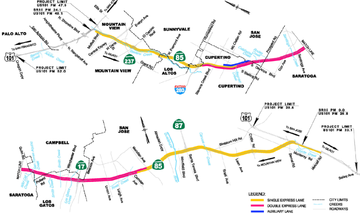 Single and Double Express Lanes planned for Highway 85 by the Valley Transportation Authority (VTA). Image: VTA