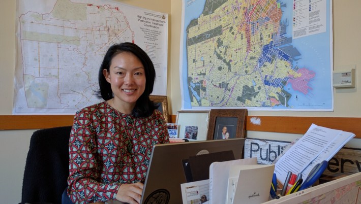 D11 Supervisor Jane Kim at her desk in City Hall. Photo: Streetsblog.