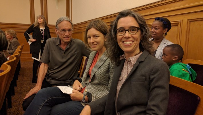 Peter Strauss from the San Francisco Transit Riders, Laura Tam, a Sunset District resident who is also with SPUR, and Cathy DeLuca with Walk SF were at the meeting. Photo: Streetsblog.