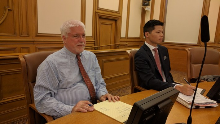 Mike Hanrahan and Robert Lim took comment at the SFMTA's last hearing on the Muni Forward L-Taraval changes. Photo: Streetsblog.