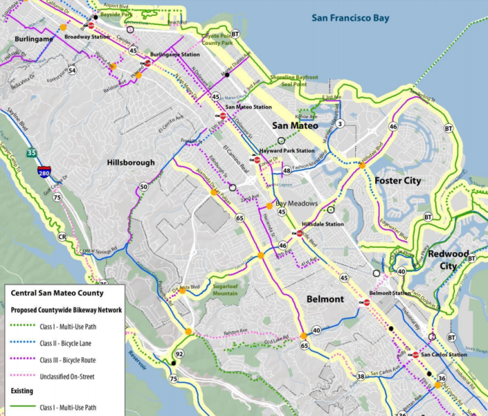 Central San Mateo County's existing regional bikeways remain discontinuous and too challenging for most residents. The new BPAC is tasked with improving such routes. Image: C/CAG