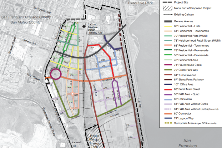 A new 12-lane Highway 101 interchange and 8-lane extension of Geneva Avenue will help ensure an auto-dependent future for the Brisbane Baylands neighborhood. Image: City of Brisbane