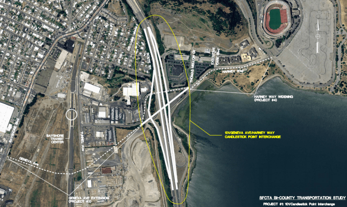 A new 12-lane Highway 101 interchange to accommodate auto traffic planned for the Brisbane Baylands and Candlestick Point developments would cost over $200 million. Image: SFMTA