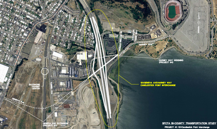 A new 12-lane Highway 101 interchange to accommodate auto traffic planned for the Brisbane Baylands and Candlestick Point developments would cost over $200 million. Image: SFMTA