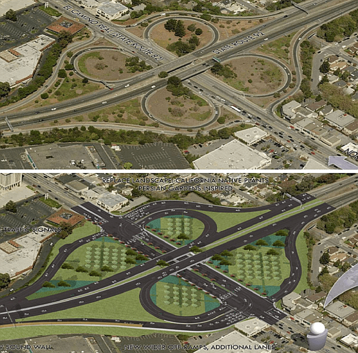 An expanded partial cloverleaf interchange at El Camino Real and Highway 92 (bottom) will allow more car traffic during rush hours compated to today's full cloverleaf (top) Image: Caltrans