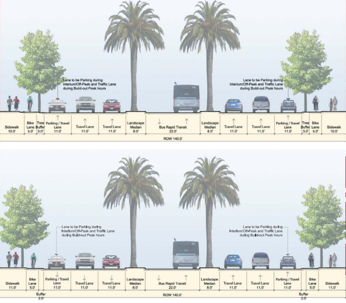 Both of the proposed designs of an 8-lane Geneva Avenue extension include pedestrian-hostile crossing distances of 120 feet at intersections. Image: City of Brisbane