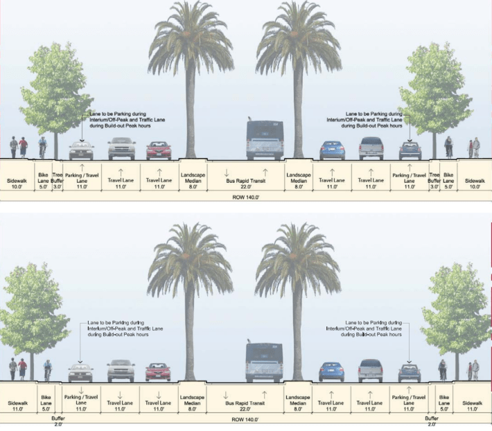 Both of the proposed designs of an 8-lane Geneva Avenue extension include pedestrian-hostile crossing distances of 120 feet at intersections. Image: City of Brisbane