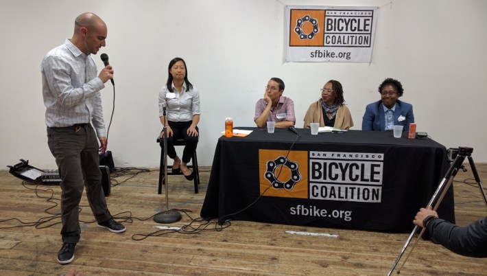 SFBC director Brian Wiedenmeier introduced Janice Li, Renee Rivera, Lateefah Simon and Tamika Butler for a discussion about racial equity in the bike advocacy movement. Photo: Streetsblog.