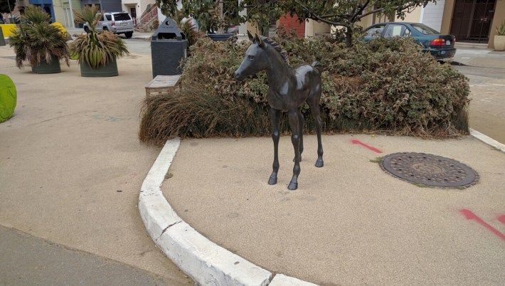 Another angle on the bronze horse that anchors the park. Photo: Streetsblog.