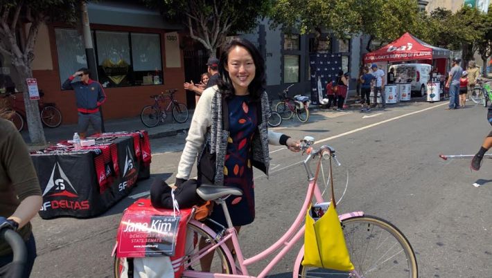 Jane Kim was out there doing some old fashioned local politicking. Photo: Streetsblog.