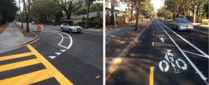 Palo Alto's new two-way separated bike lane connects two entrances to Jordan Middle School, which see major bicycle traffic on school days. Photos: Andrew Boone