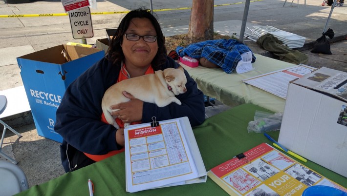 Rigel Apolinar and her dog Teyla, out volunteering for Sunday Streets in the Mission. Photo: Streetsblog.