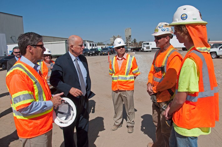 Governor Brown on a recent visit with California High-Speed Rail construction workers. Photo: CaHSRA