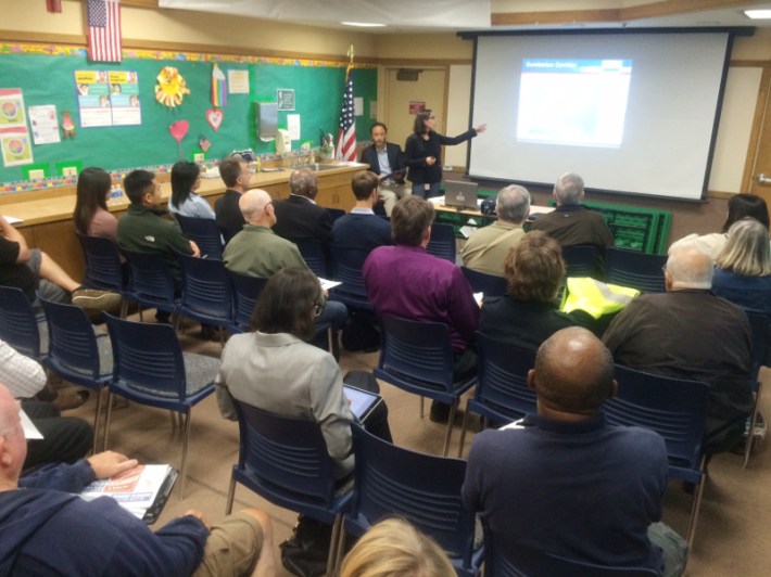 SamTrans staff present which transit and traffic expansion options are still under consideration in the agency's Dumbarton Corridor Transportation Plan at a community meeting in Newark. Photo: Andrew Boone