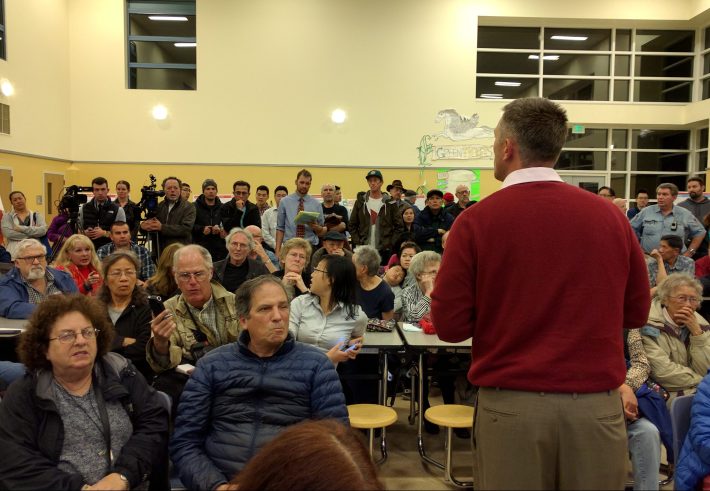 SFMTA's Sean Kennedy attempting to discuss the L-Taraval meeting with an audience that constantly interrupted and shouted over each other, during a now infamous February meeting. Photo: Streetsblog
