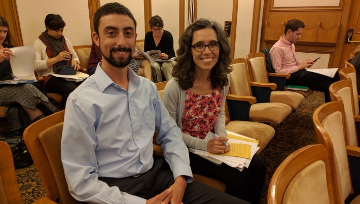 James Shahamiri, an engineer with SFMTA, and Cathy DeLuca, of Walk SF at the Vision Zero Committee meeting. Photo: Streetsblog.