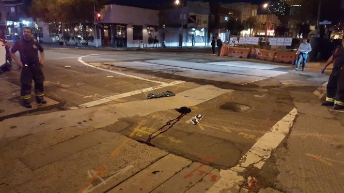 That's Justin's blood in the center of the crosswalk. But the police diagram shows him getting struck well to the right of here. Photo: SFPD.