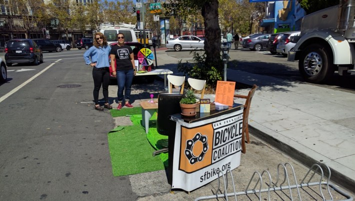 Janelle Wong and Kelsey Roeder at the pop-up Parklet at Valencia and Market. Photo: Streetsblog.