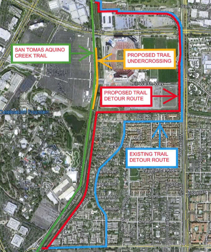 Santa Clara has proposed a new shorter detour (red line) around Levi's Stadium during events and a new undercrossing (yellow line) under the stadium's pedestrian access bridges. Image: City of Santa Clara