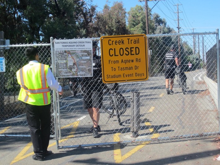 Santa Clara closes a 1.2-mile segment of the San Tomas Aquino Creek Trail to the public during events at Levi's Stadium, forcing people walking and bicycling on a two-mile detour. Photo: Andrew Boone