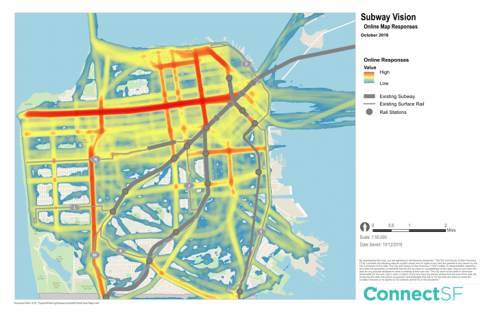 A "heat map" of where San Franciscans want to see subways. Image: ConnectSF
