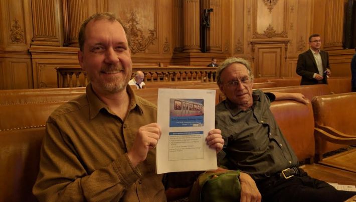 Brian Stokle and Peter Straus of the SF Transit Riders loved the map, but worry the DTX won't be prioritized. Photo: Streetsblog