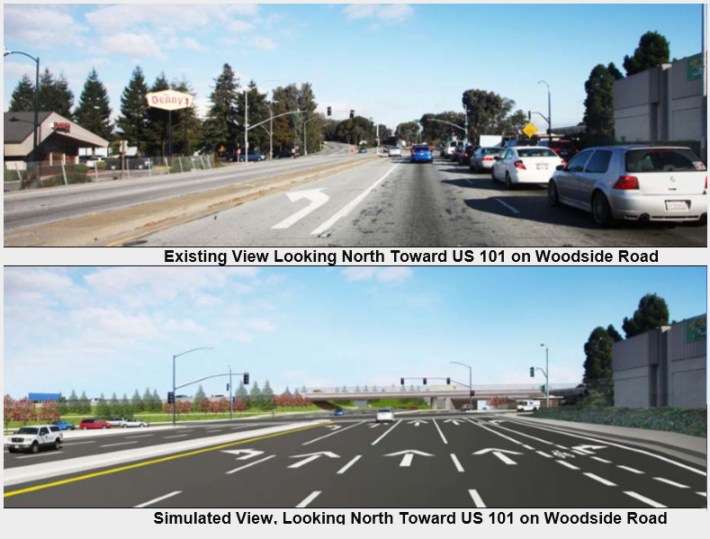 C/CAG hopes to ensure roadway widening "improvements" such as this one proposed for Woodside Road near downtown Redwood City are eligible for funding through Plan Bay Area 2040. Image: Caltrans