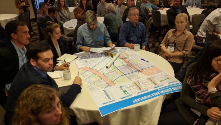 Planners jot down their ideas for how to rework Diridon station for HSR, BART and expanded Caltrain, VTA, ACE and bus service. Photo: Streetsblog