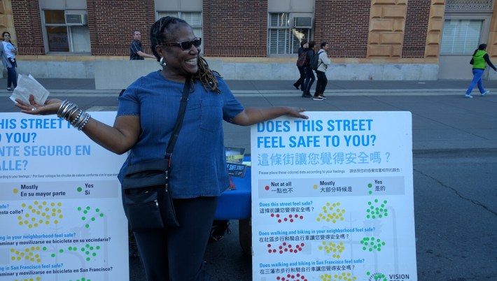 Joy Tyler was out letting people know about the Vision Zero coalition effort to ends street violence. Photo: Streetsblog