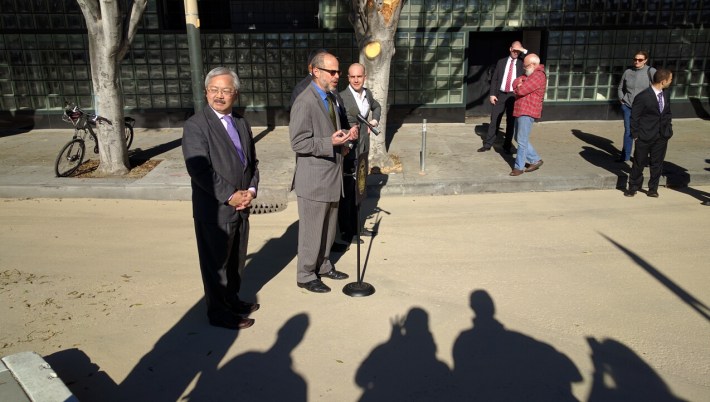 Mayor Edwin Lee, SFMTA's Ed Reiskin and SFBC's Brian Wiedenmeier spoke at the presser. Photo: Streetsblog