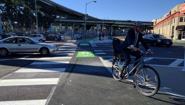 Mike Sallaberry. Project Manager at SFMTA's Livable Streets, riding SF's only protected intersection in 2016 when it opened. Photo: Streetsblog/Rudick