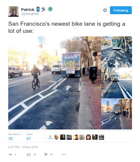 This Tweet, showing the raised bike lanes on Market, was features on the SFMTrA website. Images: Patrick Trughber